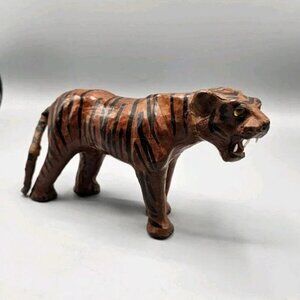 Vintage Leather Wrapped Paper‎ Mache Bengal Tiger Figurine Yellow Glass Eyes 11"